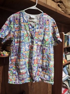 Peaches Uniforms Colorful Patchwork Button Down Animal Print Scrub Top